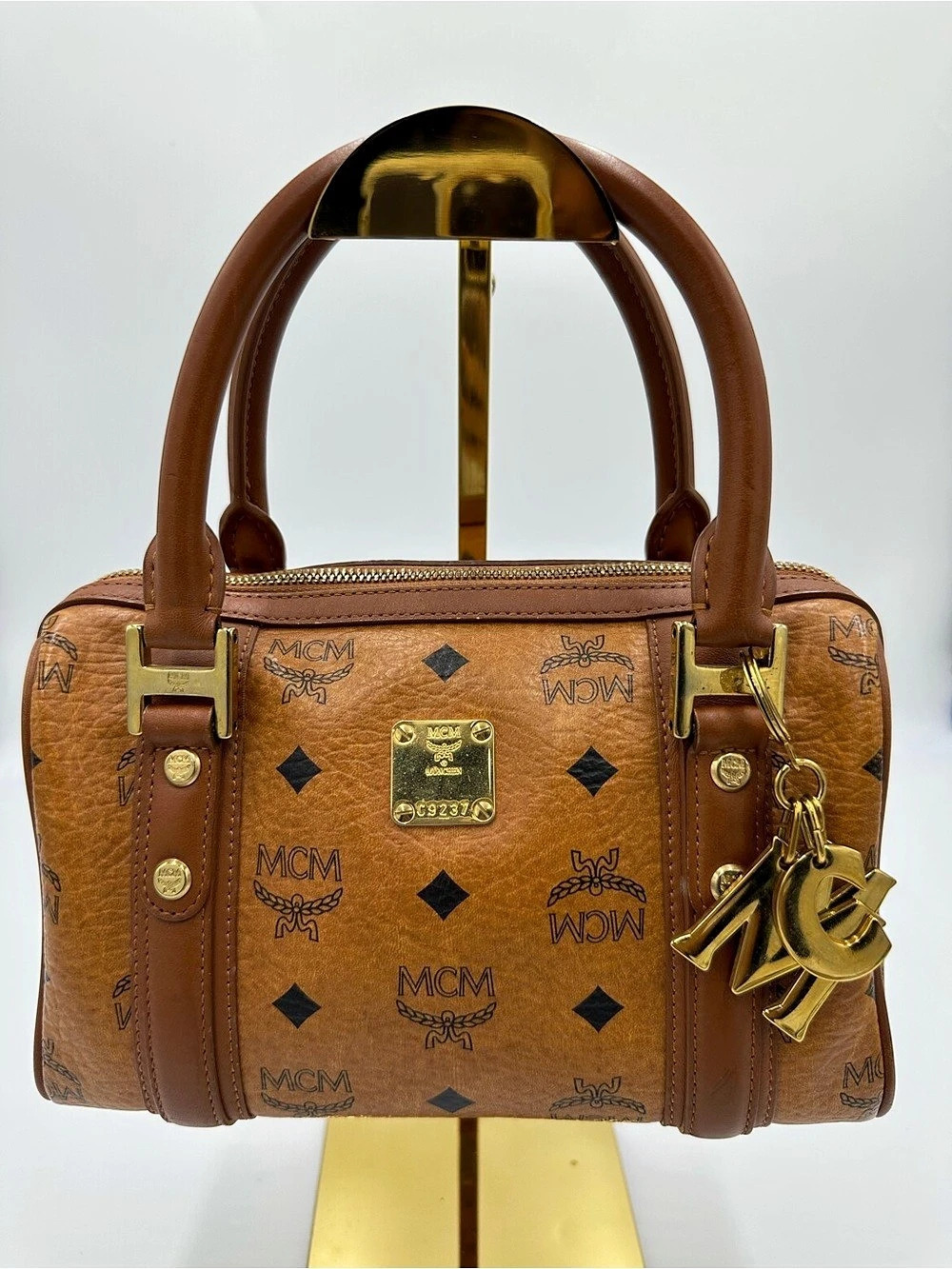 MCM Vintage Cognac Visetos Mini Boston Bag Brown Satchel